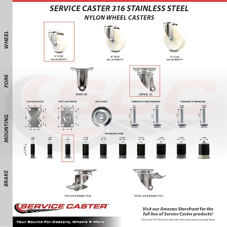 Service Caster 3 Inch 316SS Nylon Swivel 1 Inch Expanding Stem Caster Lock Brake SCC, 2PK SCC-SS316TTLEX20S314-NYS-2-S-2-1